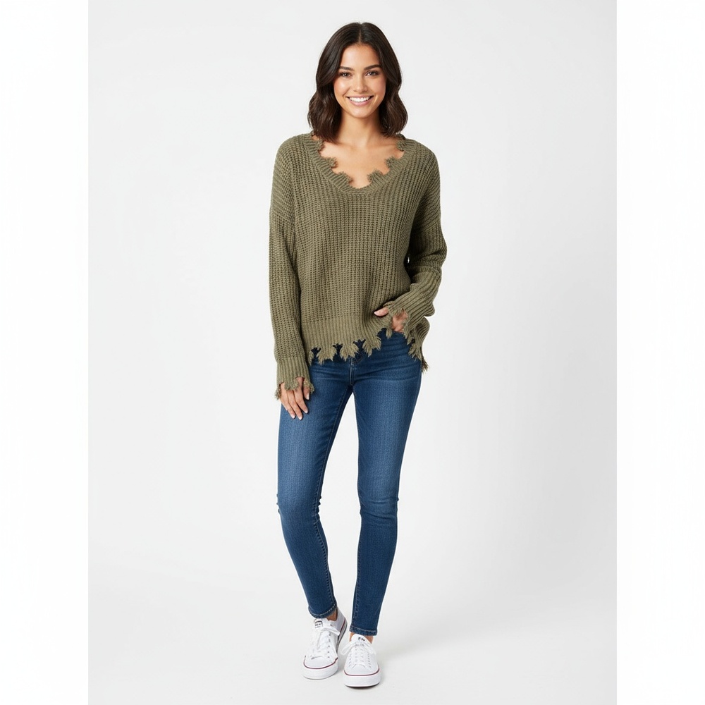 VERSONA Womens Sweater Size S Olive Green Distressed Ribbed Scoop Neck Boho